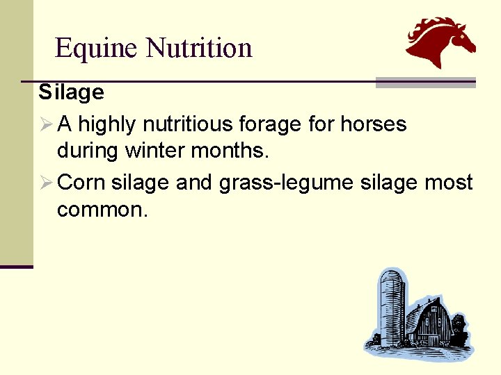 Equine Nutrition Silage Ø A highly nutritious forage for horses during winter months. Ø