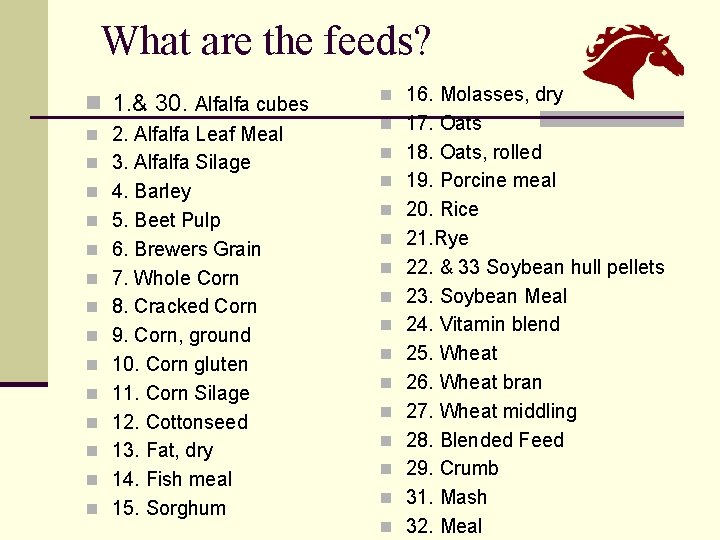 What are the feeds? n 1. & 30. Alfalfa cubes n 2. Alfalfa Leaf