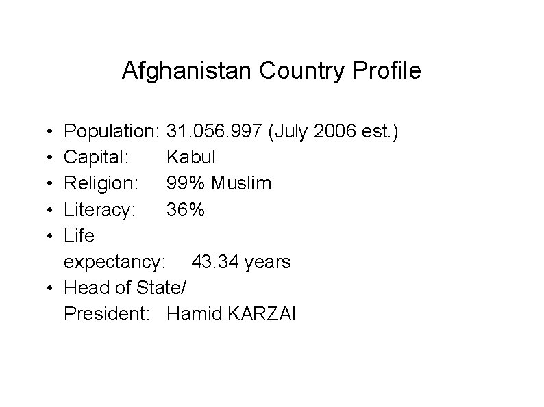 Afghanistan Country Profile • • • Population: 31. 056. 997 (July 2006 est. )