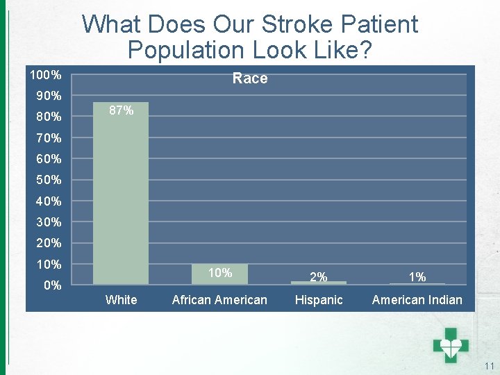 What Does Our Stroke Patient Population Look Like? 100% Race 90% 87% 70% 60%