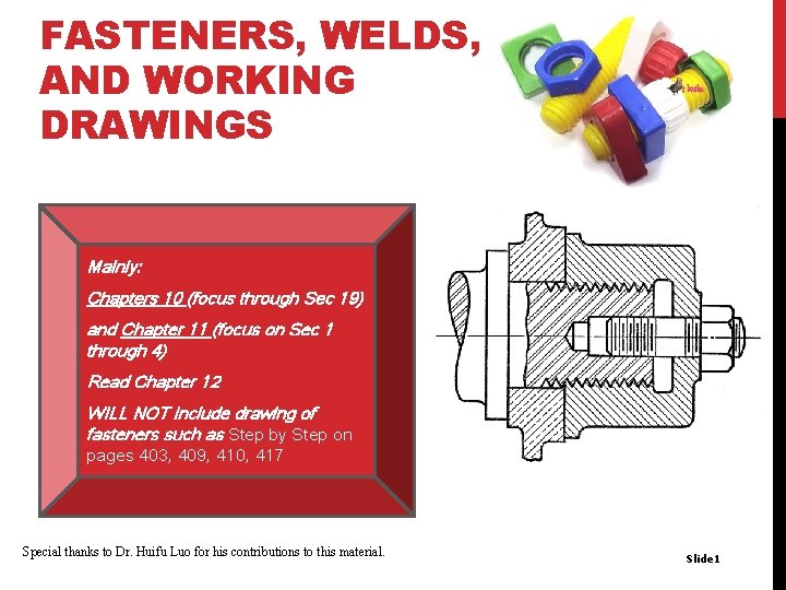 FASTENERS, WELDS, AND WORKING DRAWINGS Mainly: Chapters 10 (focus through Sec 19) and Chapter