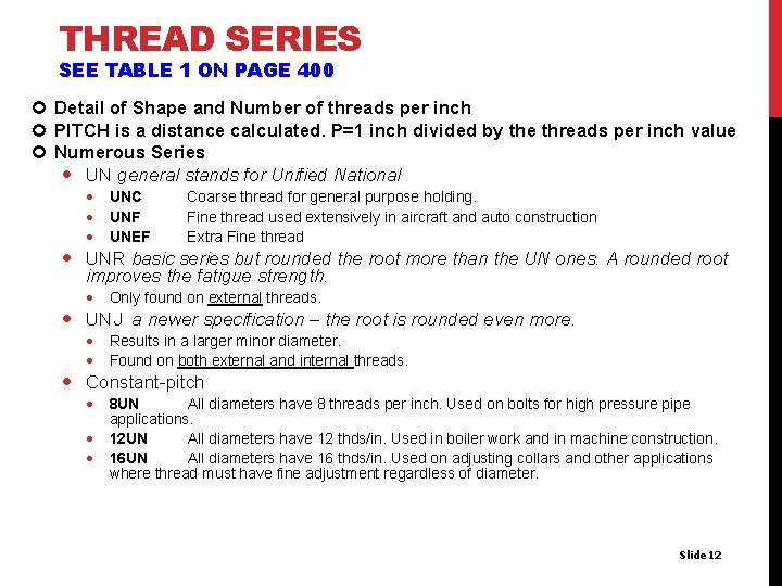 THREAD SERIES SEE TABLE 1 ON PAGE 400 Detail of Shape and Number of