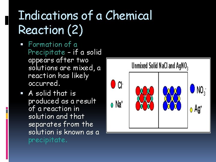 Indications of a Chemical Reaction (2) Formation of a Precipitate – if a solid