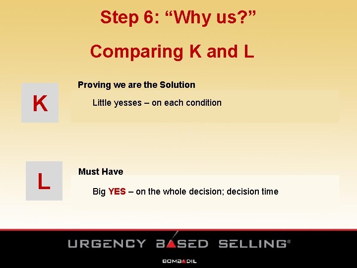 Step 6: “Why us? ” Comparing K and L K L Proving we are Step 6: “Why us? ” Comparing K and L K L Proving we are