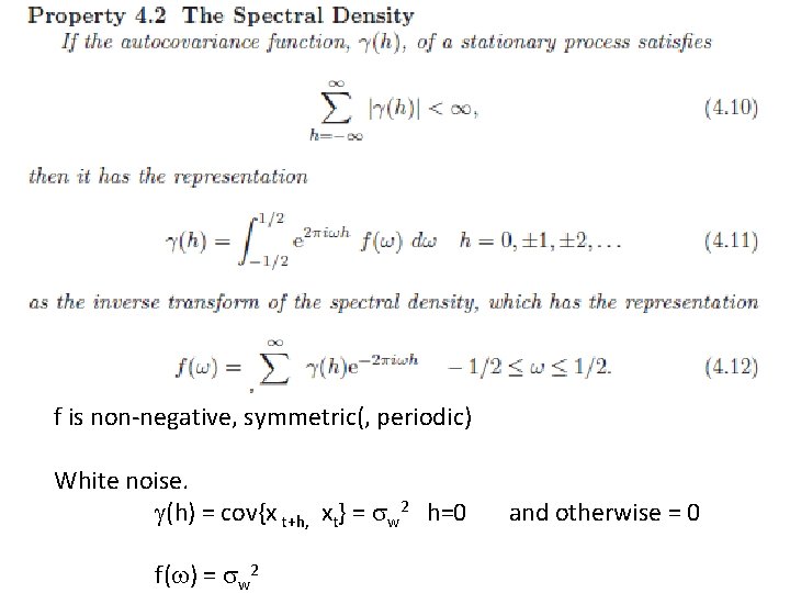 f is non-negative, symmetric(, periodic) White noise. (h) = cov{x t+h, xt} = w