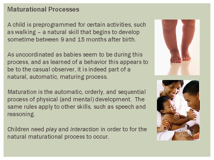 Maturational Processes A child is preprogrammed for certain activities, such as walking – a