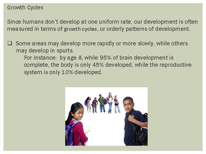 Growth Cycles Since humans don’t develop at one uniform rate, our development is often