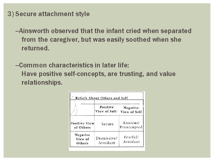 3) Secure attachment style --Ainsworth observed that the infant cried when separated from the