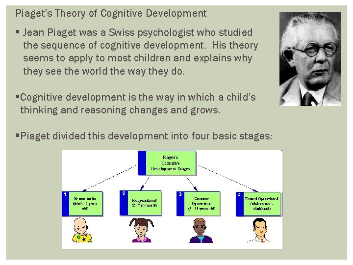 Piaget’s Theory of Cognitive Development § Jean Piaget was a Swiss psychologist who studied
