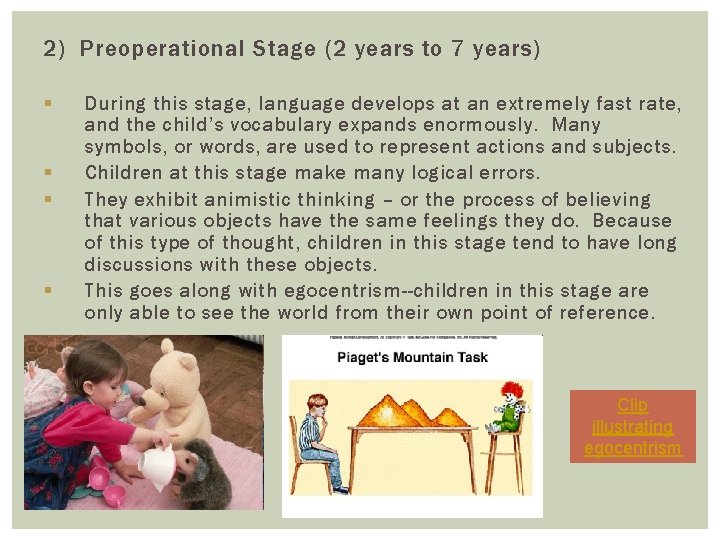 2) Preoperational Stage (2 years to 7 years) § § During this stage, language