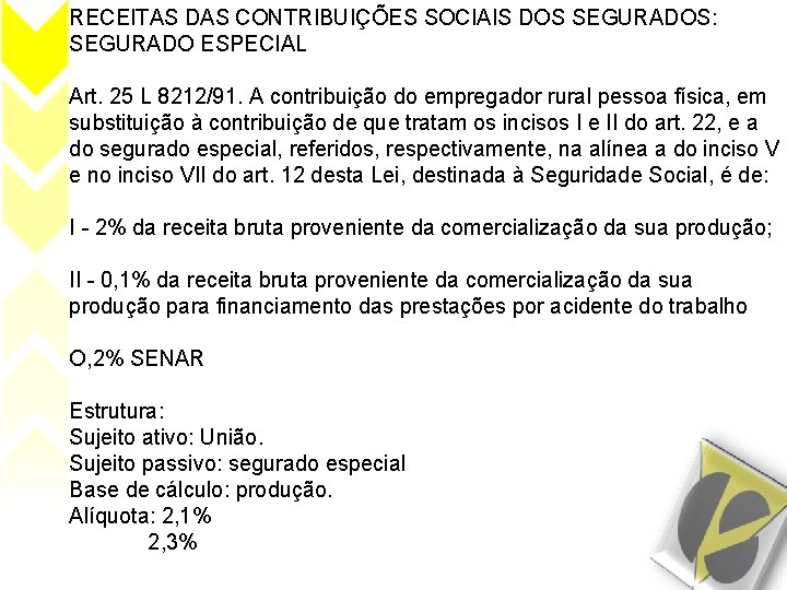 RECEITAS DAS CONTRIBUIÇÕES SOCIAIS DOS SEGURADOS: SEGURADO ESPECIAL Art. 25 L 8212/91. A contribuição