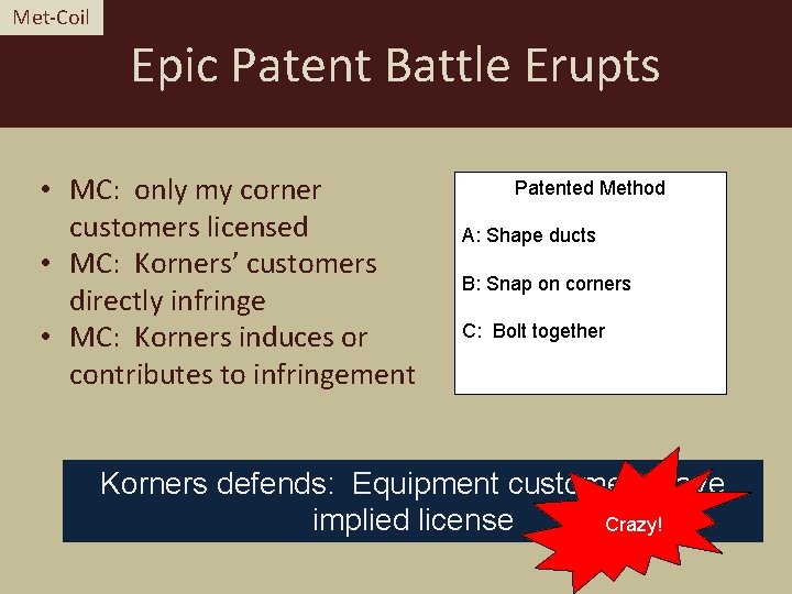 Met-Coil Epic Patent Battle Erupts • MC: only my corner customers licensed • MC: