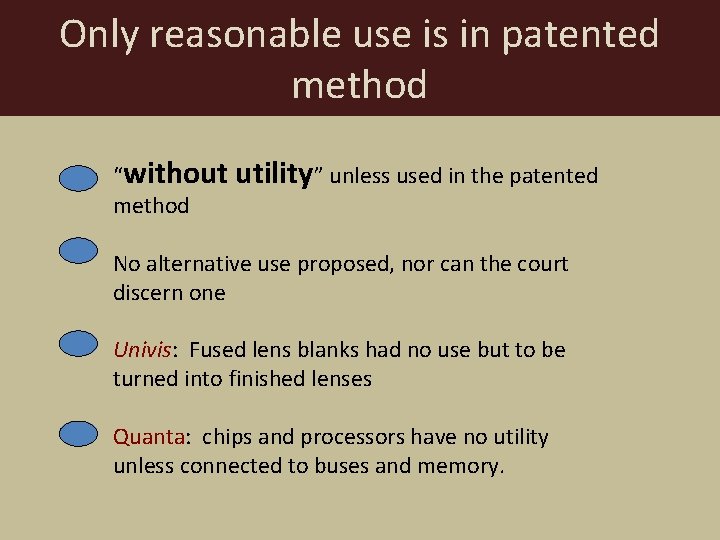 Only reasonable use is in patented method “without method utility” unless used in the