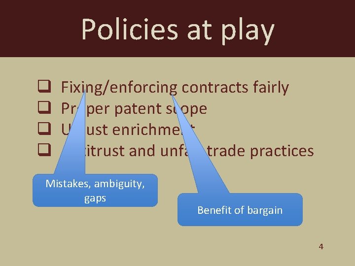 Policies at play q q Fixing/enforcing contracts fairly Proper patent scope Unjust enrichment Antitrust