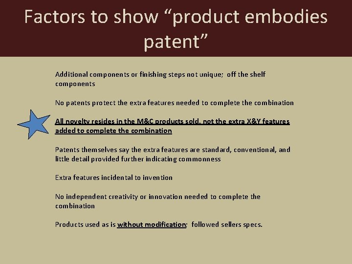 Factors to show “product embodies patent” Additional components or finishing steps not unique; off