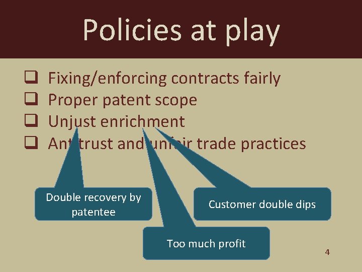 Policies at play q q Fixing/enforcing contracts fairly Proper patent scope Unjust enrichment Antitrust