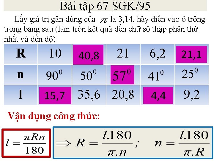 Bài tập 67 SGK/95 Lấy giá trị gần đúng của là 3, 14, hãy