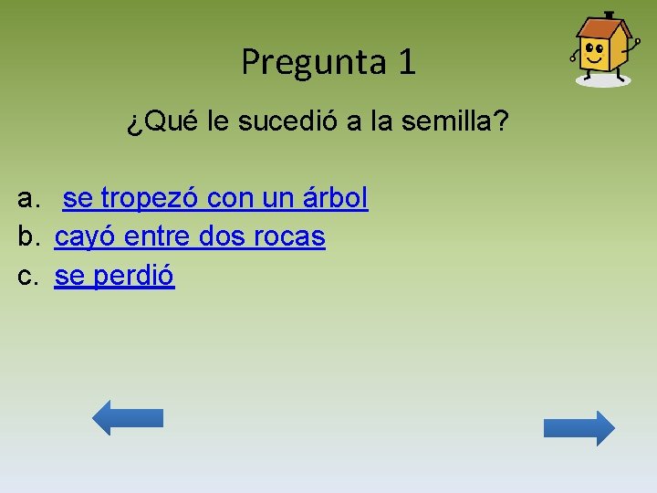 Pregunta 1 ¿Qué le sucedió a la semilla? a. se tropezó con un árbol