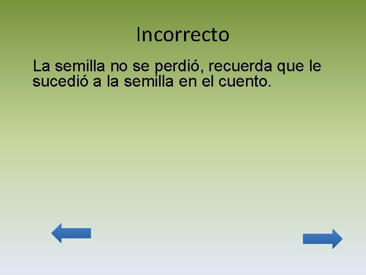 Incorrecto La semilla no se perdió, recuerda que le sucedió a la semilla en
