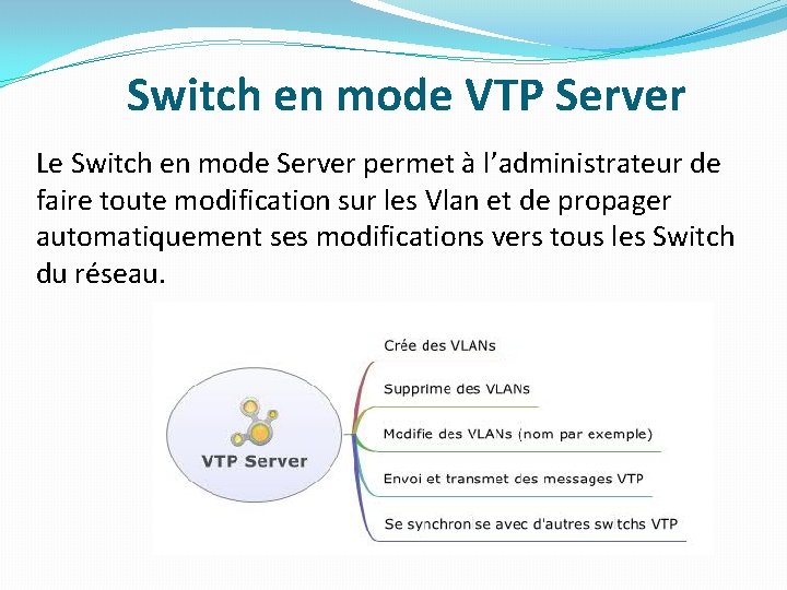 Switch en mode VTP Server Le Switch en mode Server permet à l’administrateur de
