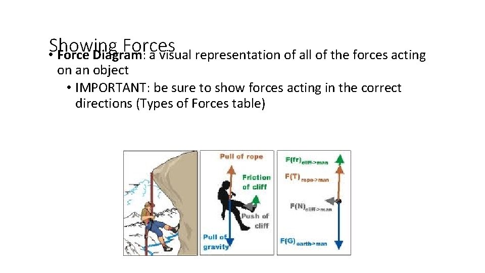 Showing Forces • Force Diagram: a visual representation of all of the forces acting