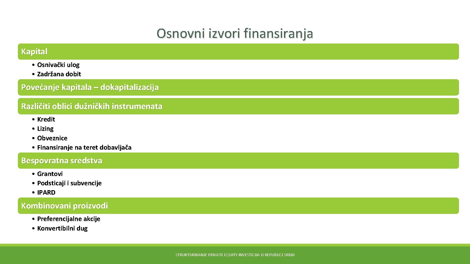 Osnovni izvori finansiranja Kapital • Osnivački ulog • Zadržana dobit Povećanje kapitala – dokapitalizacija