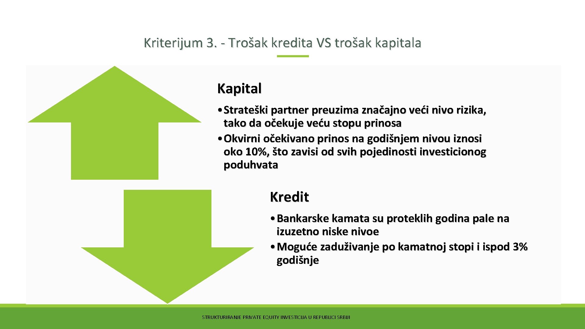 Kriterijum 3. - Trošak kredita VS trošak kapitala Kapital • Strateški partner preuzima značajno