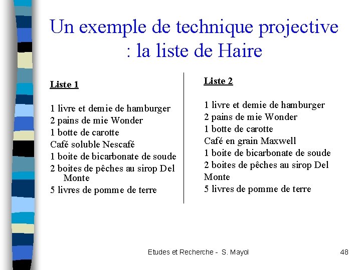 Un exemple de technique projective : la liste de Haire Liste 1 Liste 2