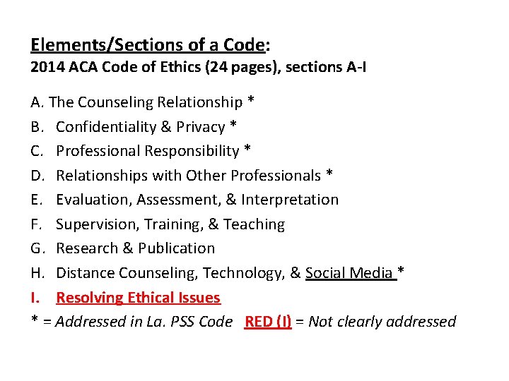 Elements/Sections of a Code: 2014 ACA Code of Ethics (24 pages), sections A-I A. Elements/Sections of a Code: 2014 ACA Code of Ethics (24 pages), sections A-I A.