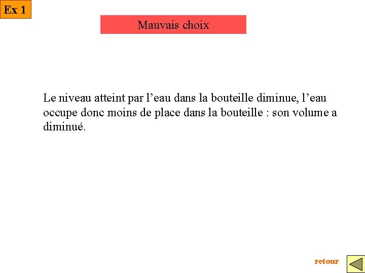 Ex 1 Mauvais choix Le niveau atteint par l’eau dans la bouteille diminue, l’eau