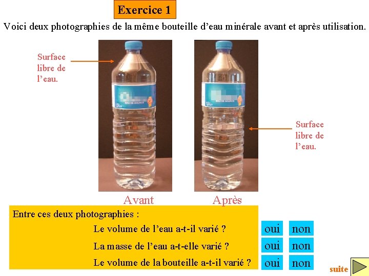 Exercice 1 Voici deux photographies de la même bouteille d’eau minérale avant et après