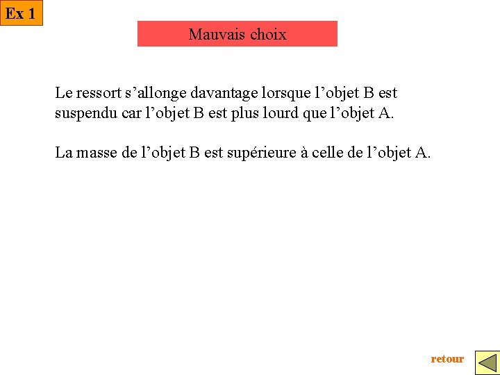 Ex 1 Mauvais choix Le ressort s’allonge davantage lorsque l’objet B est suspendu car