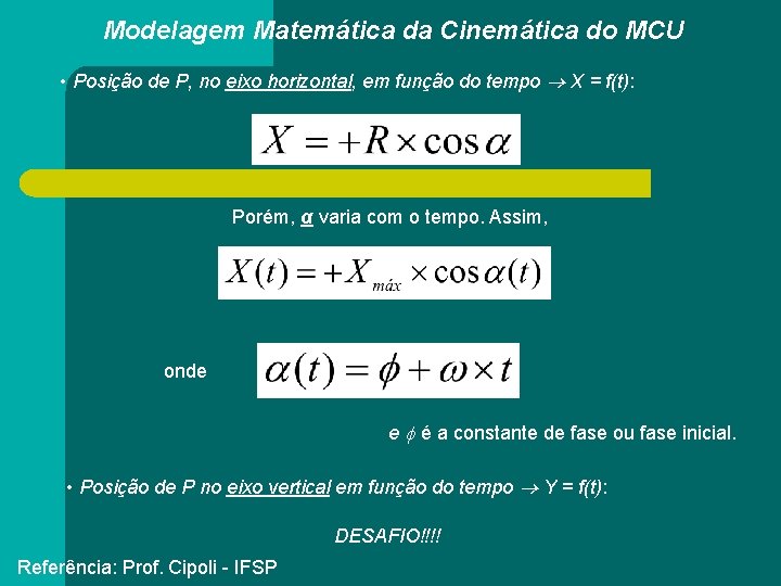 Modelagem Matemática da Cinemática do MCU • Posição de P, no eixo horizontal, em