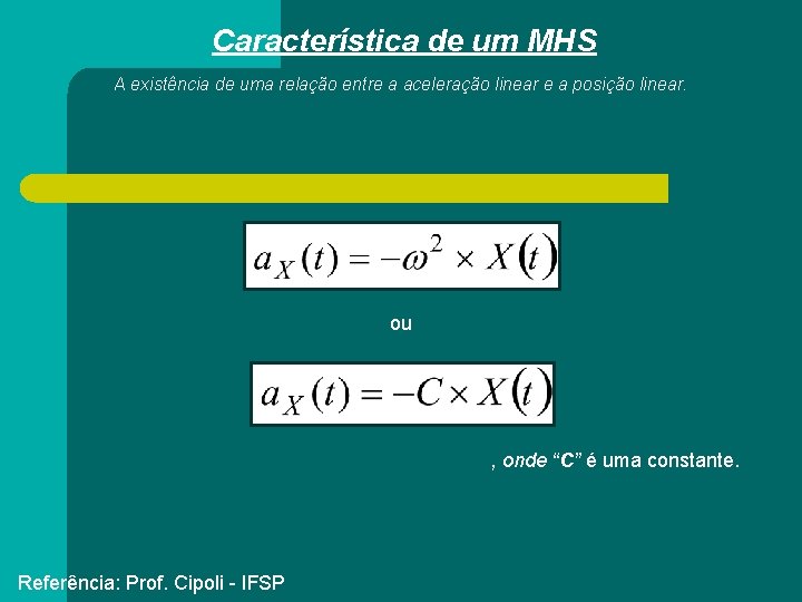 Característica de um MHS A existência de uma relação entre a aceleração linear e