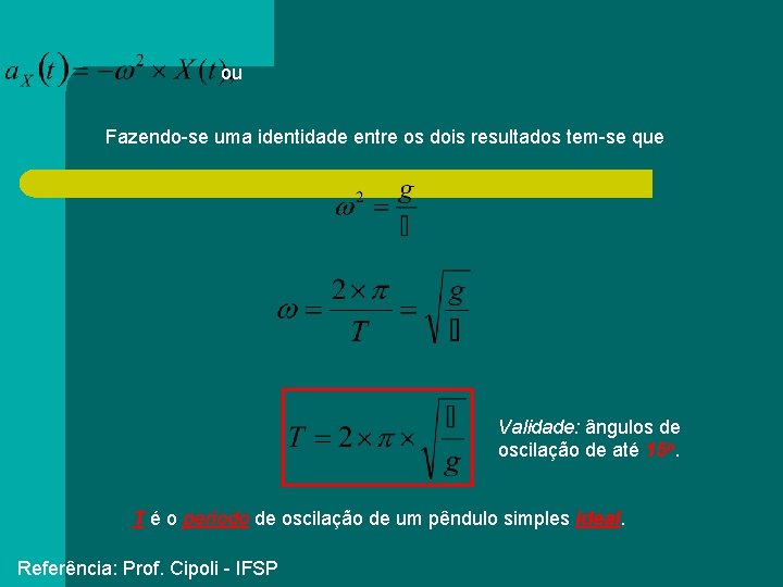 ou Fazendo-se uma identidade entre os dois resultados tem-se que Validade: ângulos de oscilação