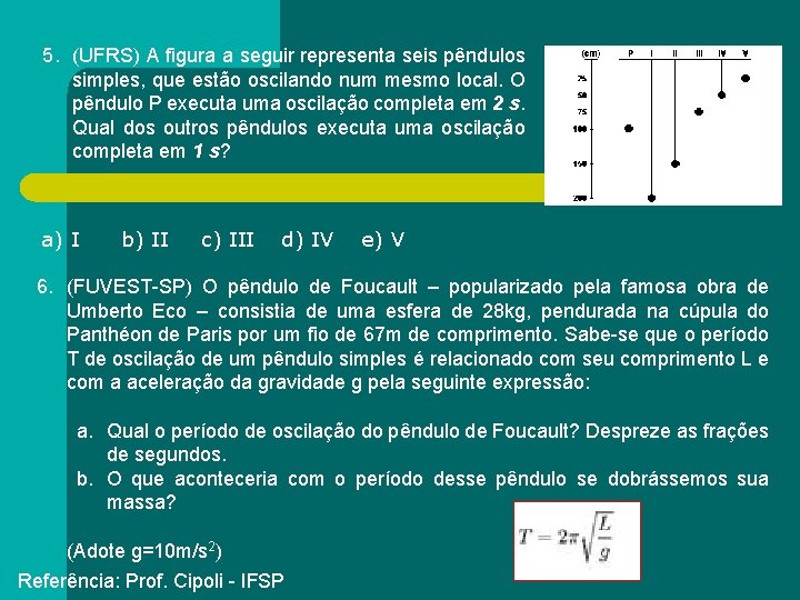 5. (UFRS) A figura a seguir representa seis pêndulos simples, que estão oscilando num