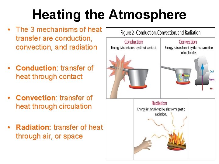 Heating the Atmosphere • The 3 mechanisms of heat transfer are conduction, convection, and