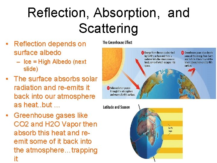 Reflection, Absorption, and Scattering • Reflection depends on surface albedo – Ice = High