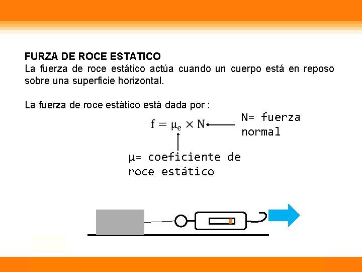 FURZA DE ROCE ESTATICO La fuerza de roce estático actúa cuando un cuerpo está