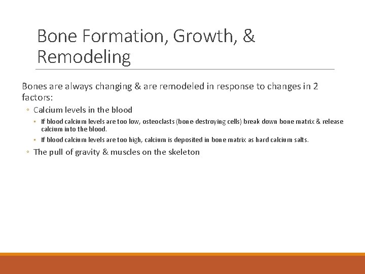 Bone Formation, Growth, & Remodeling Bones are always changing & are remodeled in response