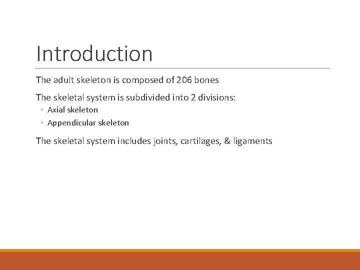 Introduction The adult skeleton is composed of 206 bones The skeletal system is subdivided