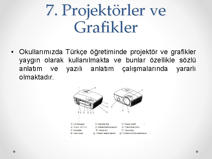 7. Projektörler ve Grafikler • Okullarımızda Türkçe öğretiminde projektör ve grafikler yaygın olarak kullanılmakta