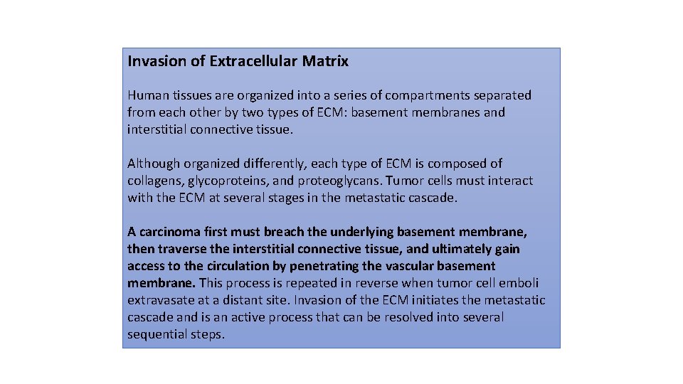 Invasion of Extracellular Matrix Human tissues are organized into a series of compartments separated