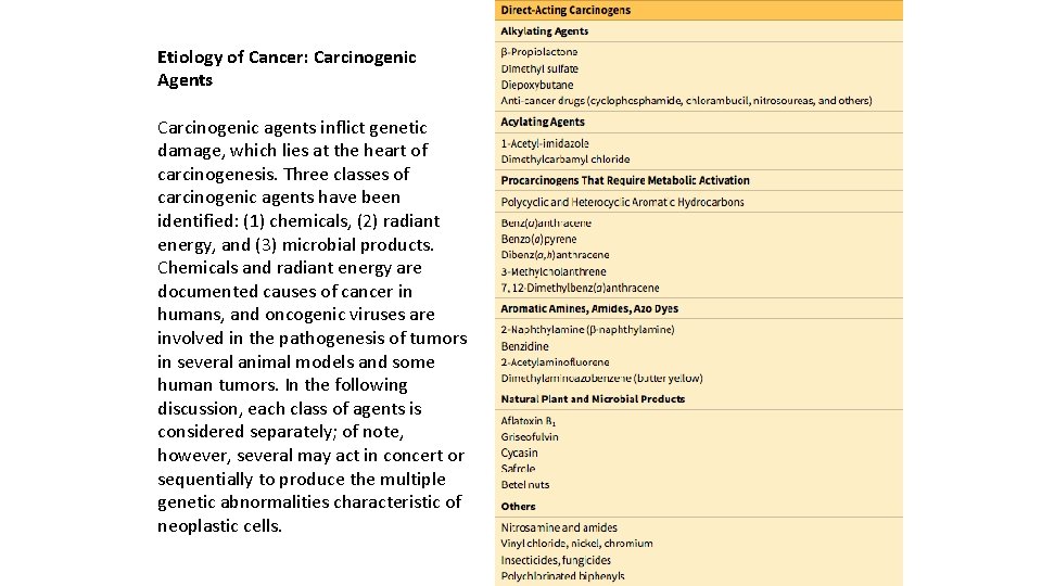 Etiology of Cancer: Carcinogenic Agents Carcinogenic agents inflict genetic damage, which lies at the