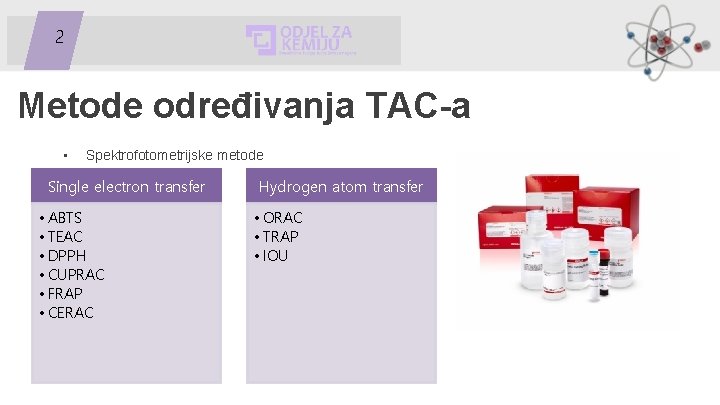 2 Metode određivanja TAC-a • Spektrofotometrijske metode Single electron transfer • ABTS • TEAC
