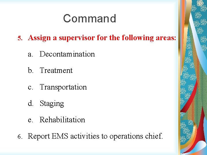 Command 5. Assign a supervisor for the following areas: a. Decontamination b. Treatment c.