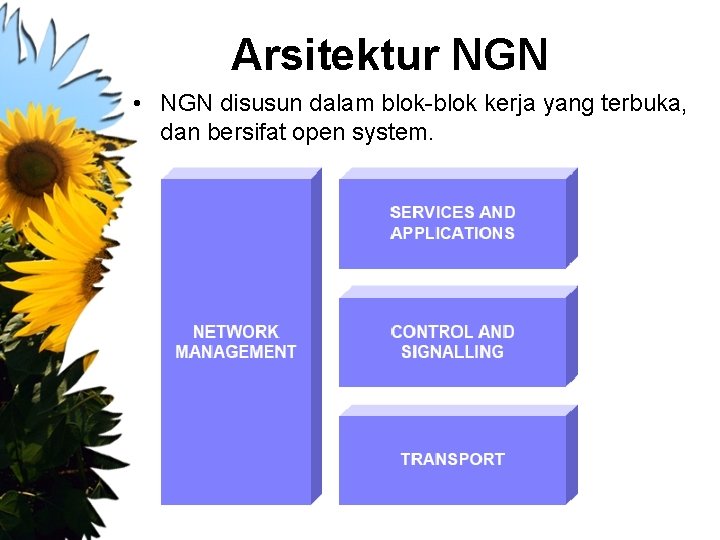 Arsitektur NGN • NGN disusun dalam blok-blok kerja yang terbuka, dan bersifat open system.