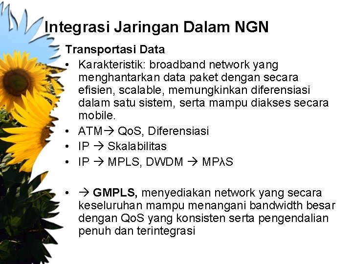 Integrasi Jaringan Dalam NGN Transportasi Data • Karakteristik: broadband network yang menghantarkan data paket
