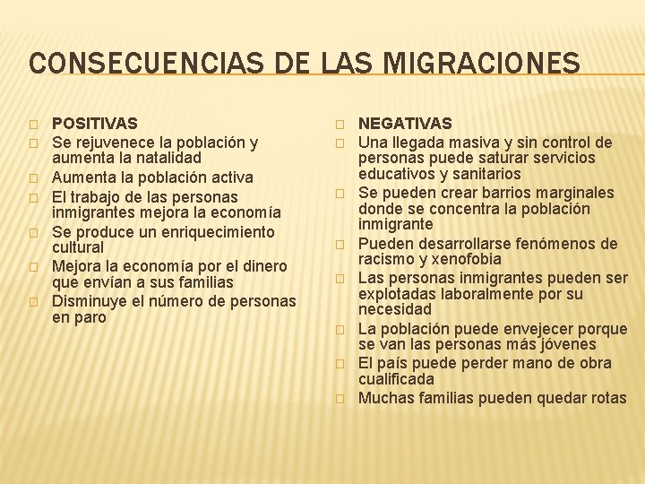 CONSECUENCIAS DE LAS MIGRACIONES � � � � POSITIVAS Se rejuvenece la población y