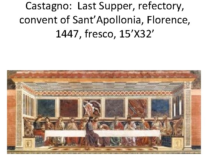 Castagno: Last Supper, refectory, convent of Sant’Apollonia, Florence, 1447, fresco, 15’X 32’ 